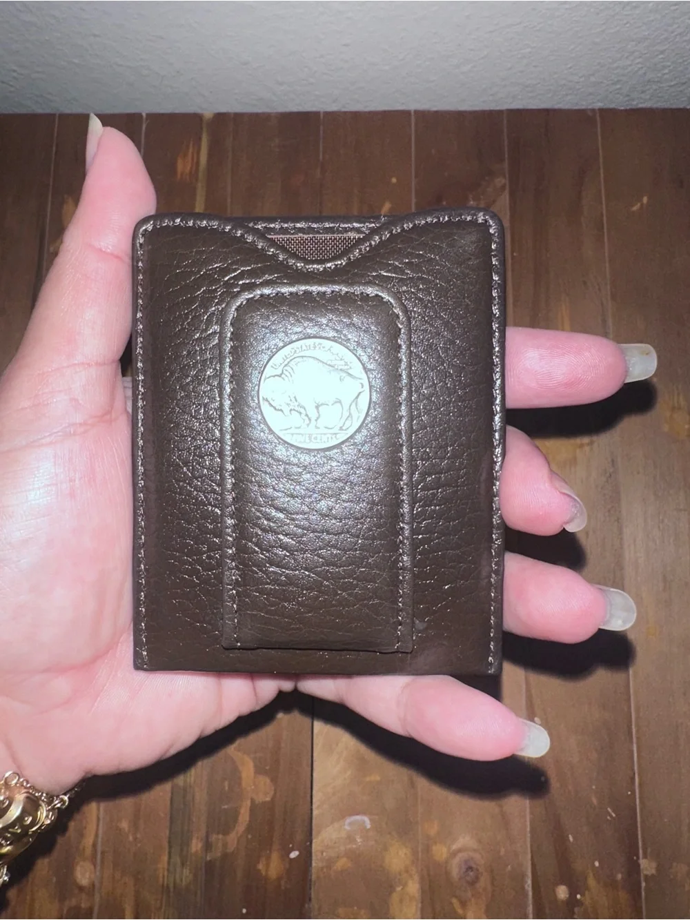 Classic Brown Leather Money Clip Wallet with Coin Emblem